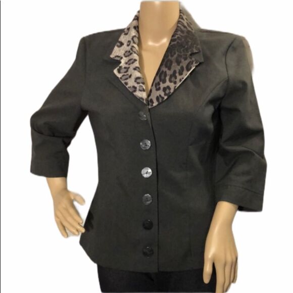 Vintage Jackets & Blazers - Vintage 1980s Brioche Blazer Gray with Leopard Print Collar 9/10